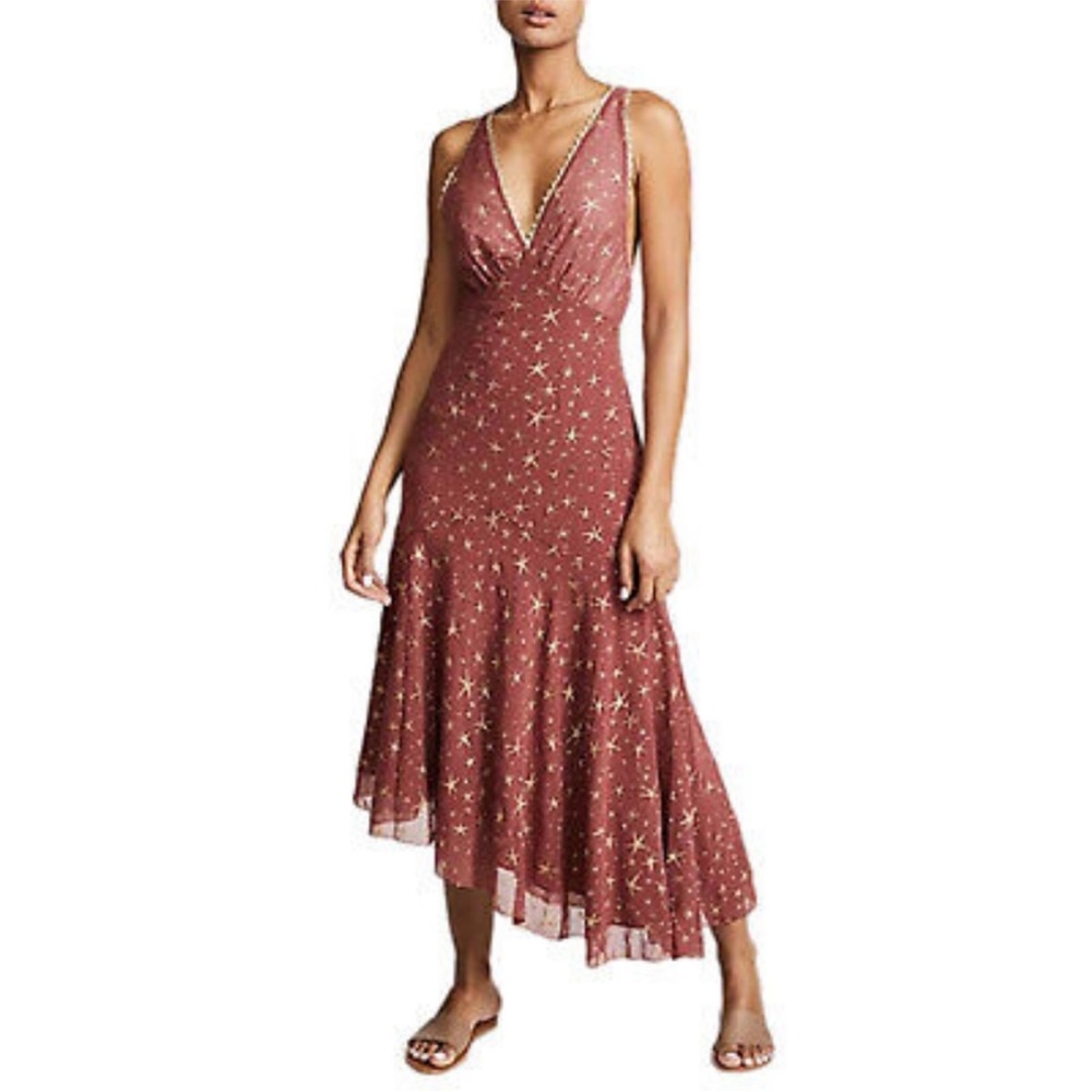 NWT Anthropologie La Maison Talulah Stay Together Wine Midi Dress Gold  Stars